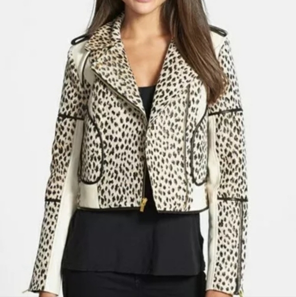 Diane Von Furstenberg DVF Theodora Leo Jacquard Leather Moto Jacket Cream Size 4 - Picture 1 of 16